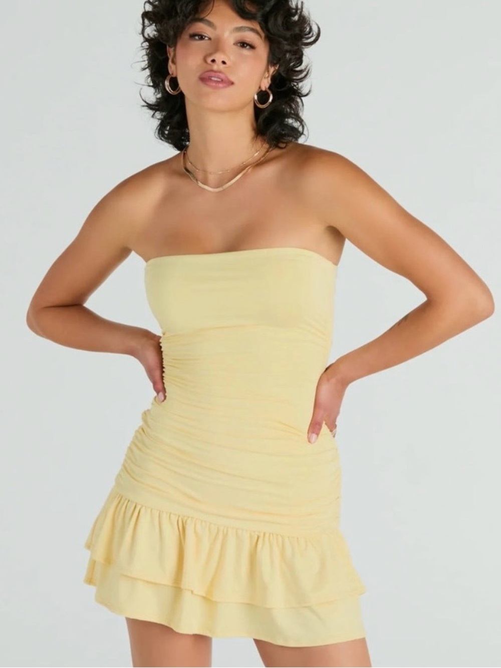 Windsor Strapless Ruffle Mini Dress in Pale Yellow